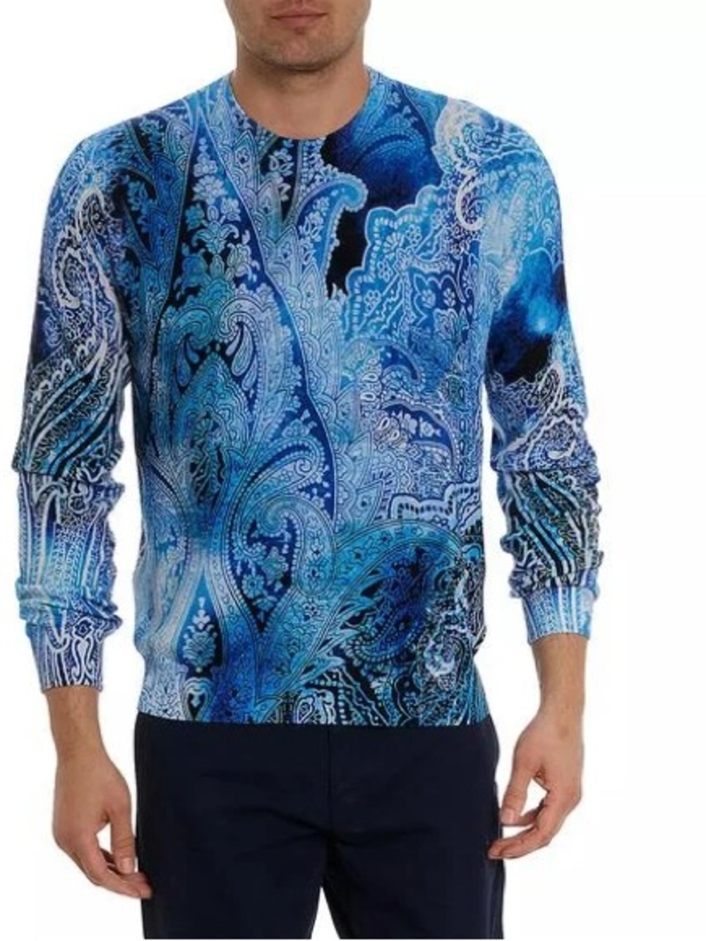 Robert Graham Sweater Mens Sz M Blue Paisley Crewneck Knit Cotton Linen Pullover